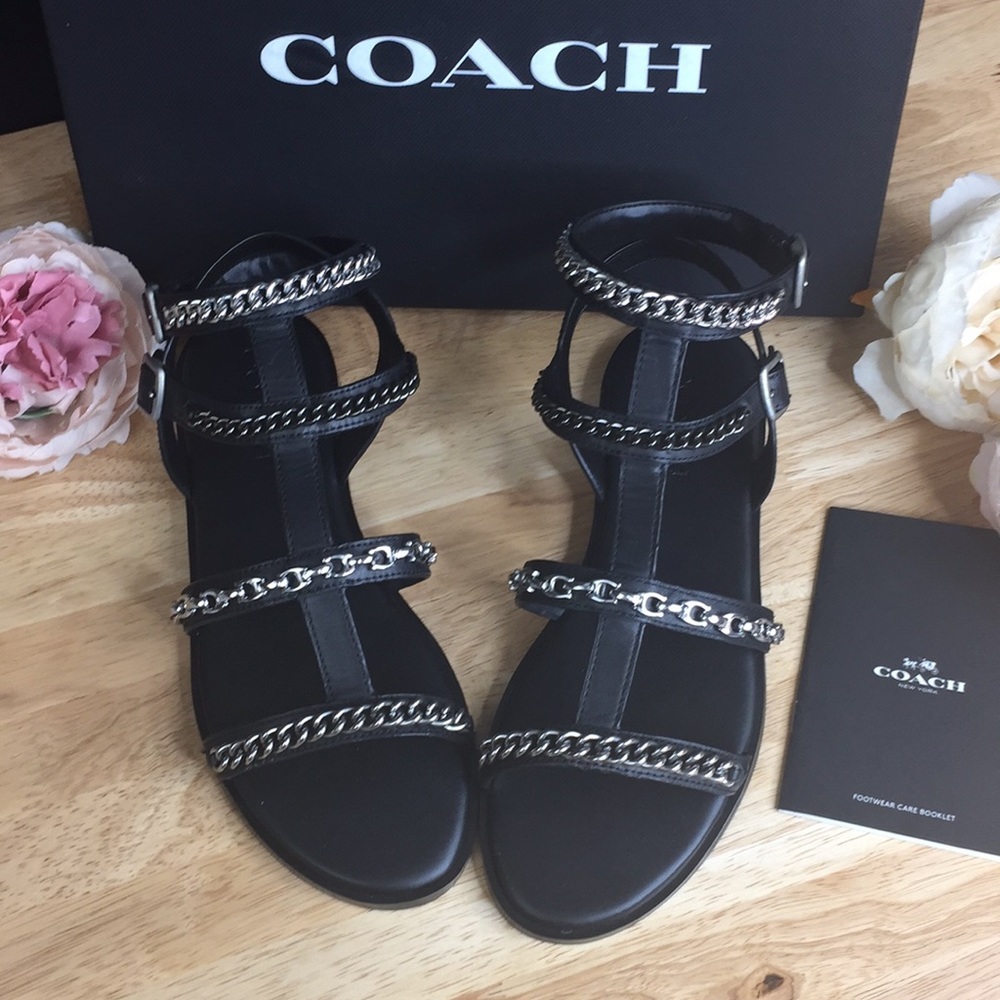 Coach Black Leather Chain Sandals 7.5 M